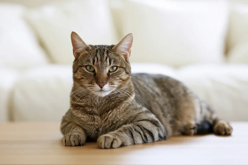 Tabby cat lying relaxed on a light wood coffee table in a living room with white sofa in background