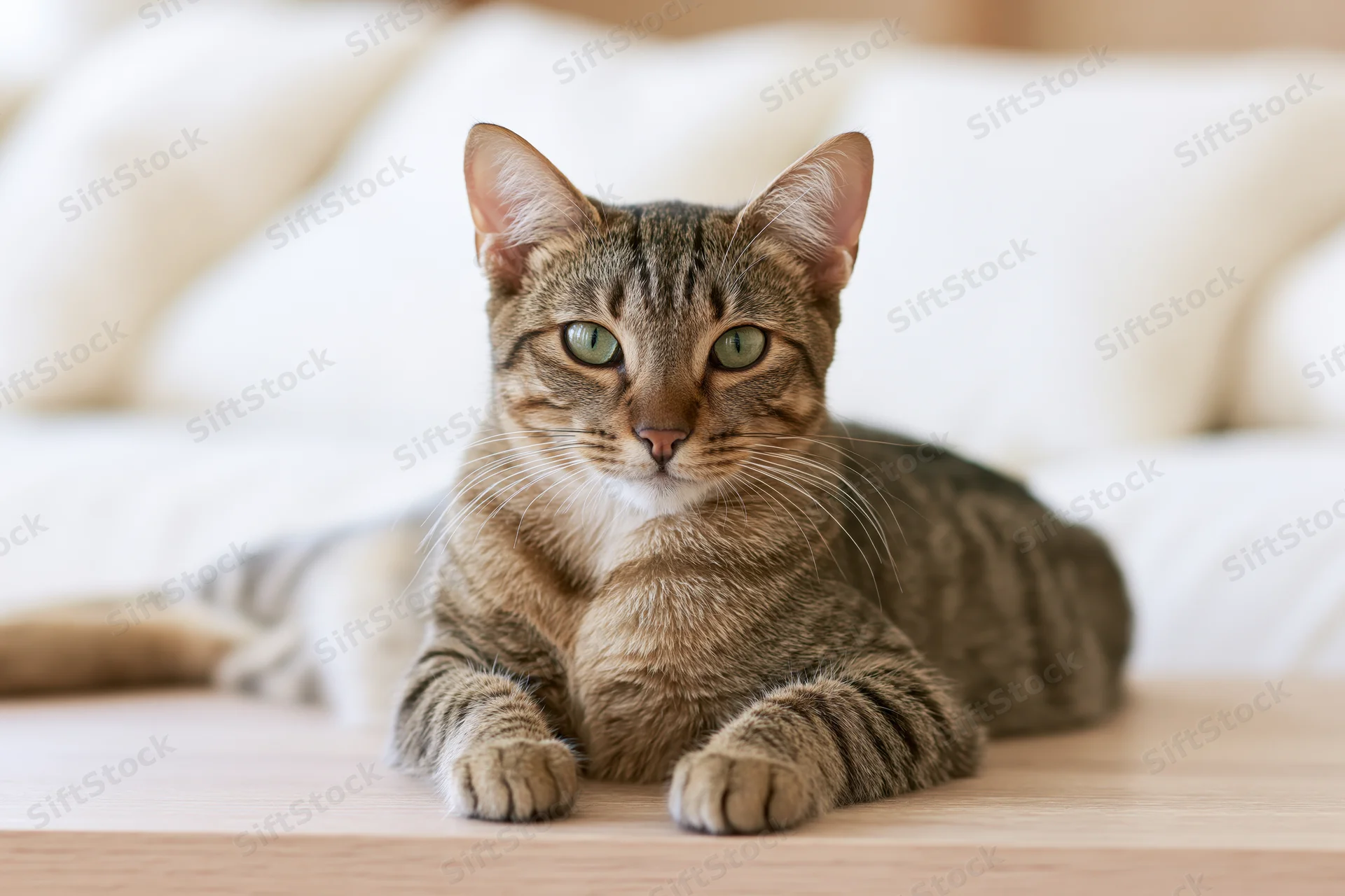 Young tabby cat lying relaxed on light wood coffee table in front of bed with white pillows
