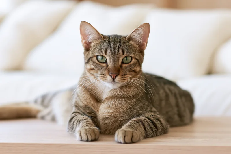 Young tabby cat lying relaxed on light wood coffee table in front of bed with white pillows
