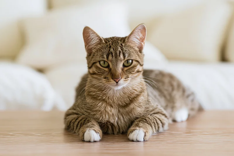 Young tabby cat lying relaxed on light wood coffee table in living room
