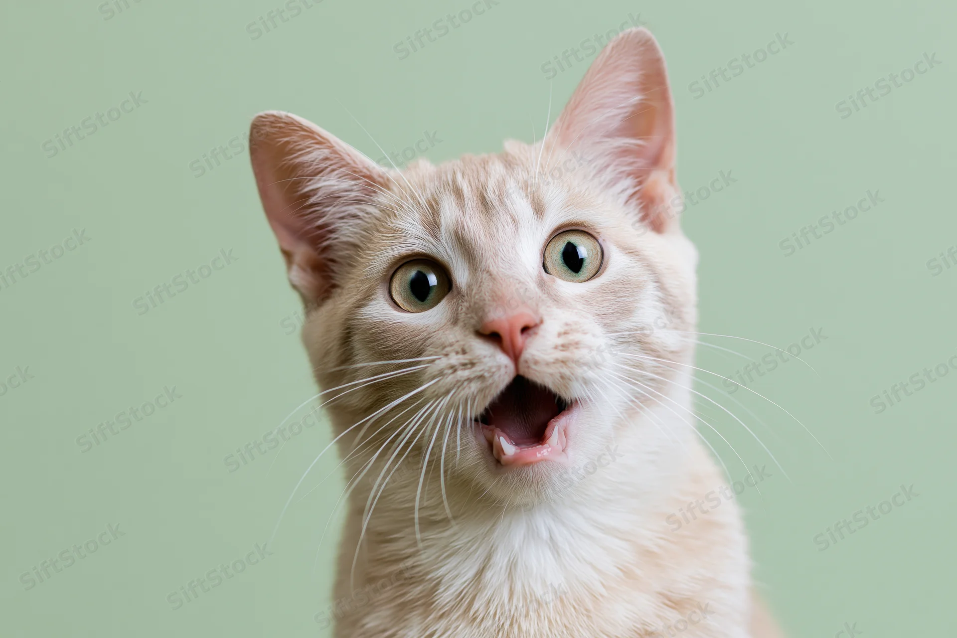 Young tabby cat with wide eyes and open mouth looking up against green background
