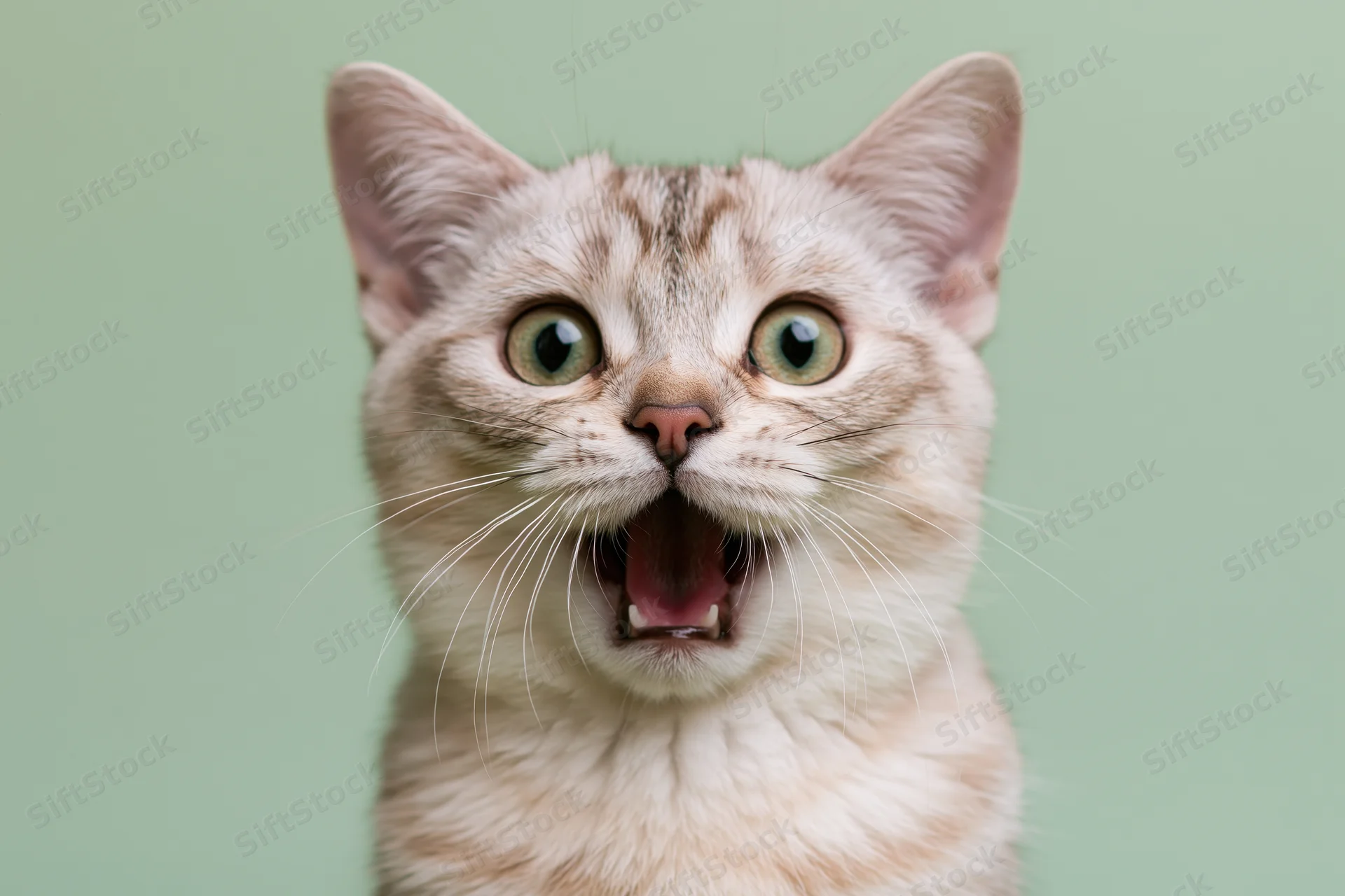 Young tabby cat with wide eyes and open mouth against a light green background