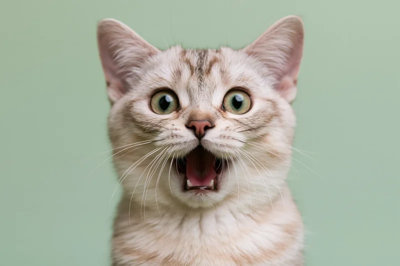 Young tabby cat with wide eyes and open mouth against a light green background