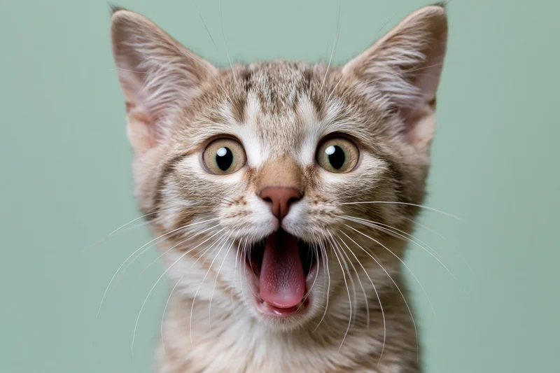 Young tabby cat with wide eyes and open mouth in studio portrait