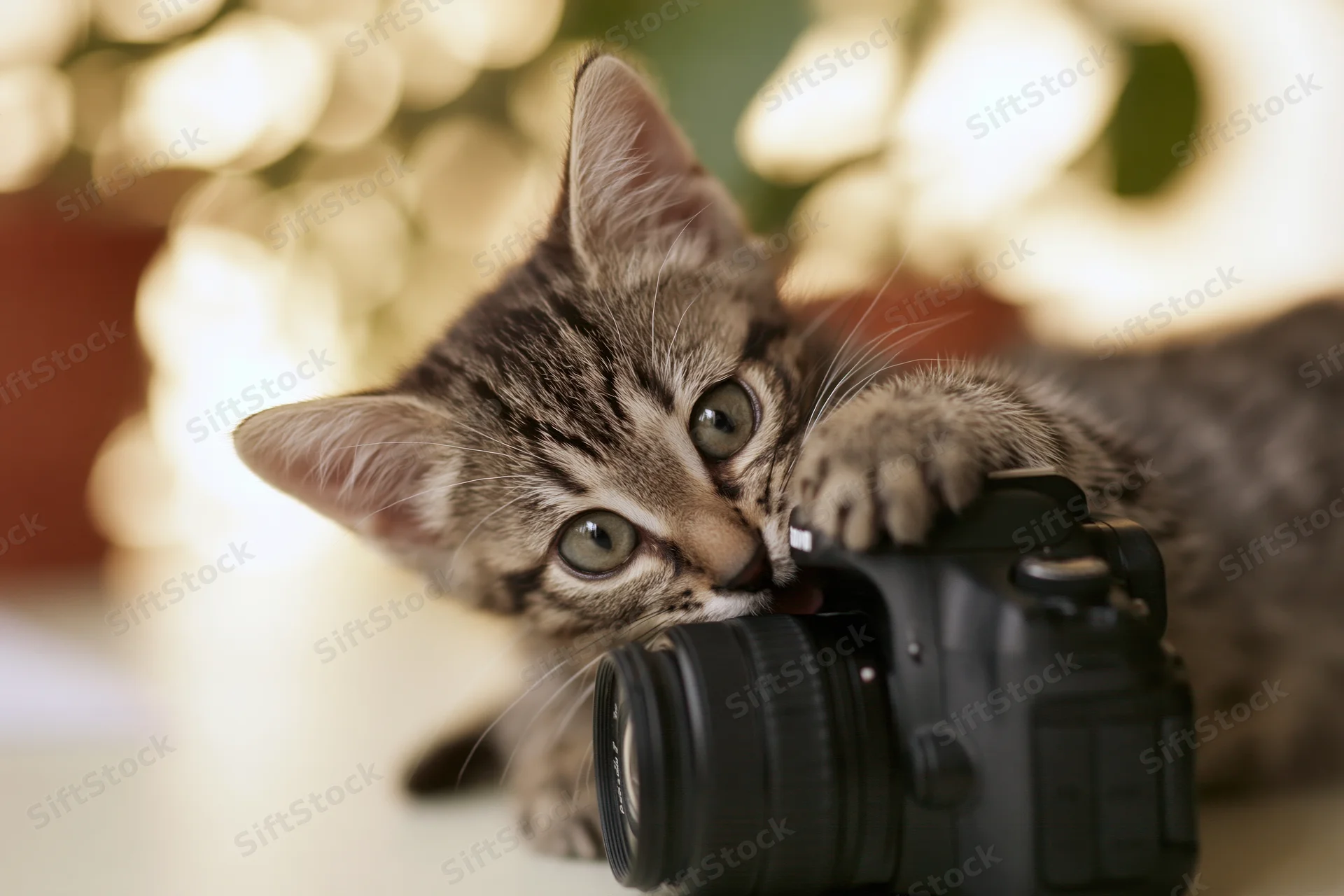 Tabby kitten biting and pawing at a black dslr camera indoors with blurred holiday lights in the background