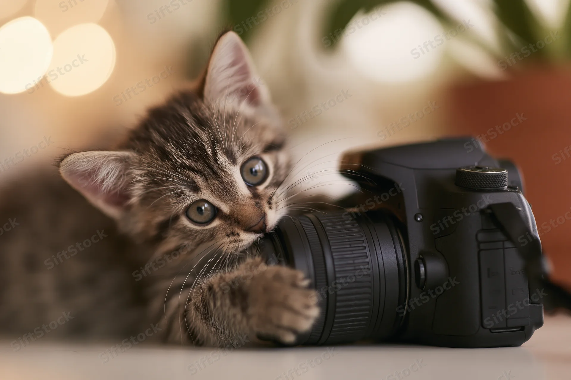 Tabby kitten biting and pawing at a black dslr camera indoors