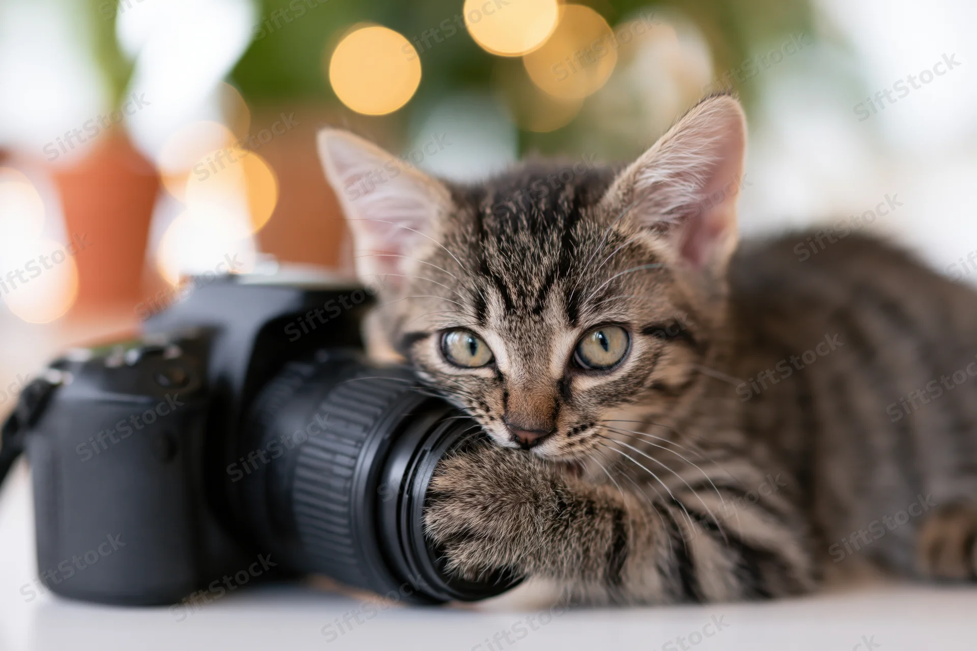 Tabby kitten biting and pawing at a black dslr camera on a white surface with blurred festive lights in the background