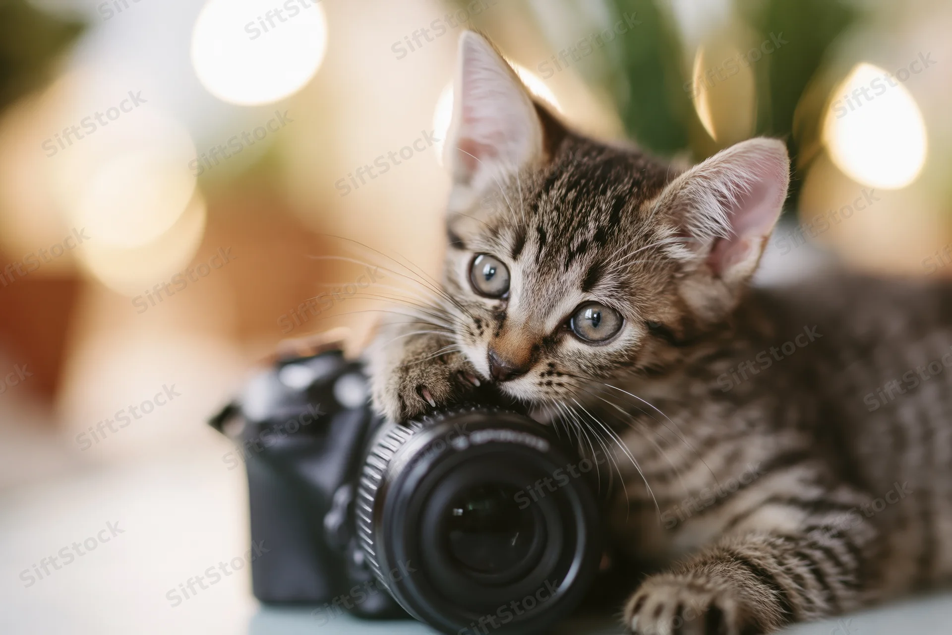 Tabby kitten biting a black dslr camera indoors with festive lights in the background