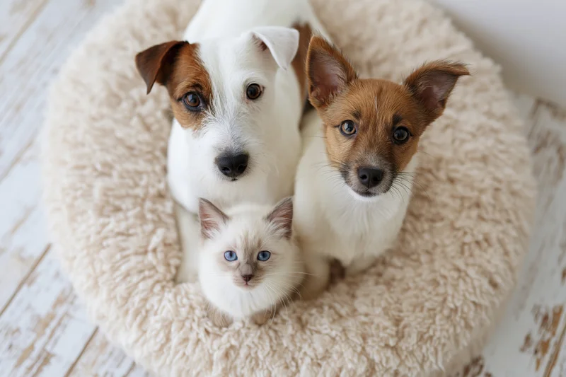 Two jack russell puppies and a ragdoll kitten sitting together in a fluffy bed on a wooden floor
