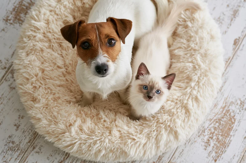 Jack russell terrier and ragdoll kitten sitting together on a fluffy pet bed indoors