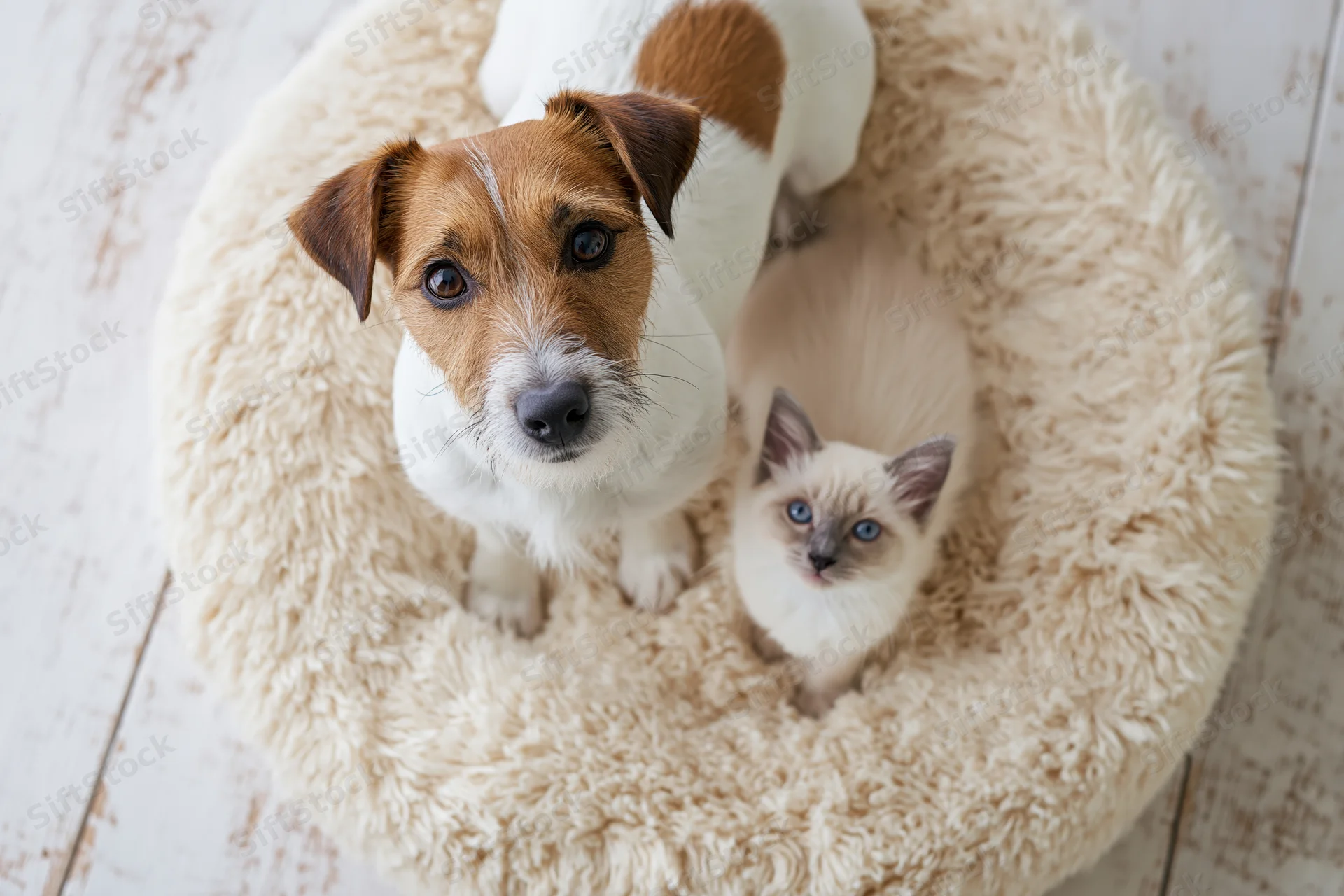 Jack russell terrier and ragdoll kitten sitting together in a fluffy pet bed on wooden floor