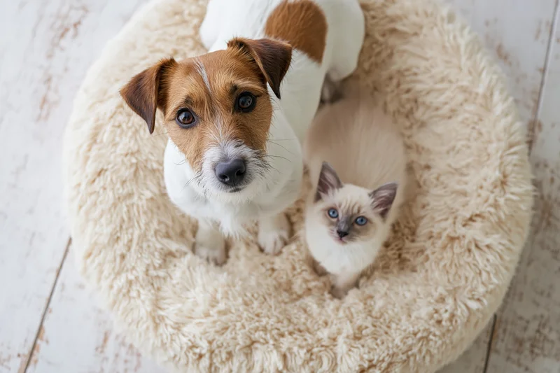 Jack russell terrier and ragdoll kitten sitting together in a fluffy pet bed on wooden floor