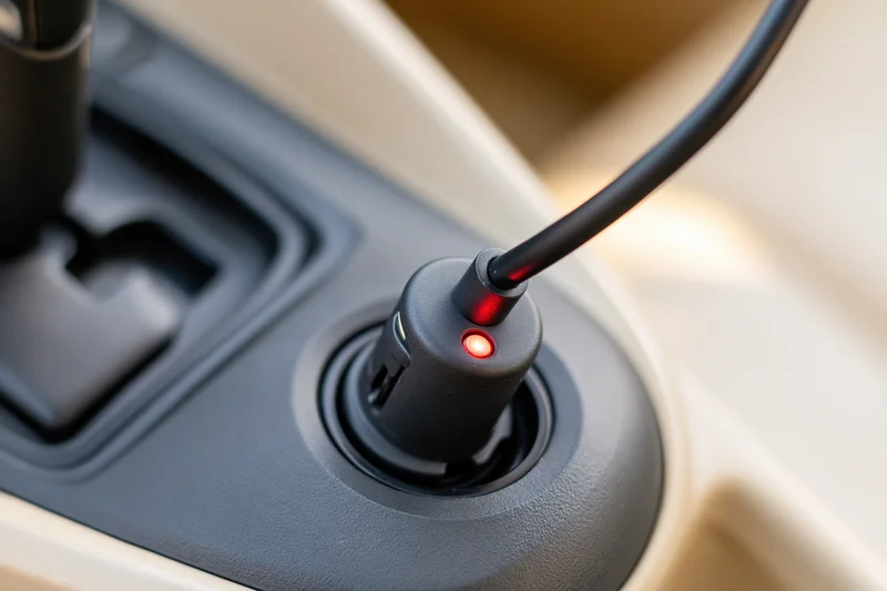 Black car charger adapter plugged into cigarette lighter socket in vehicle console