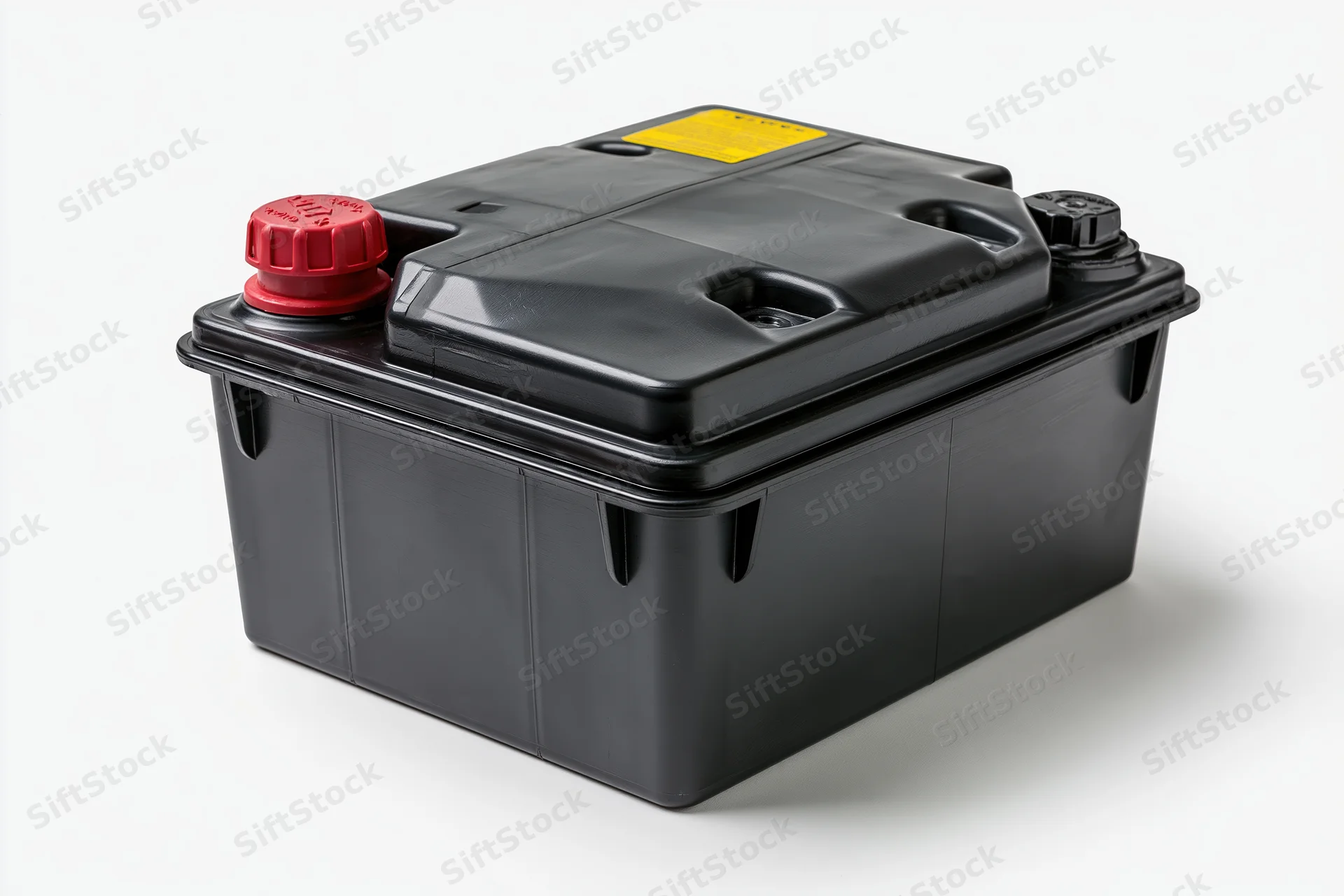 Black 12-volt car battery with red positive terminal and yellow warning label on white background