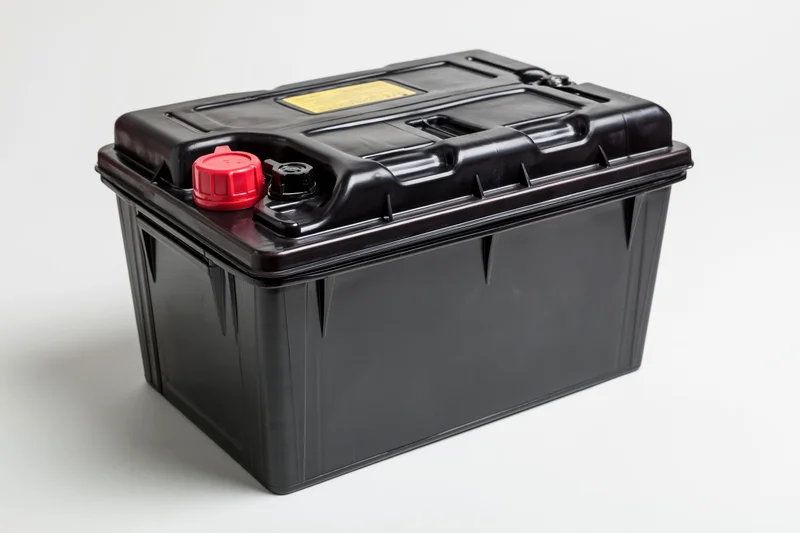 Black 12-volt car battery with red positive terminal on white background
