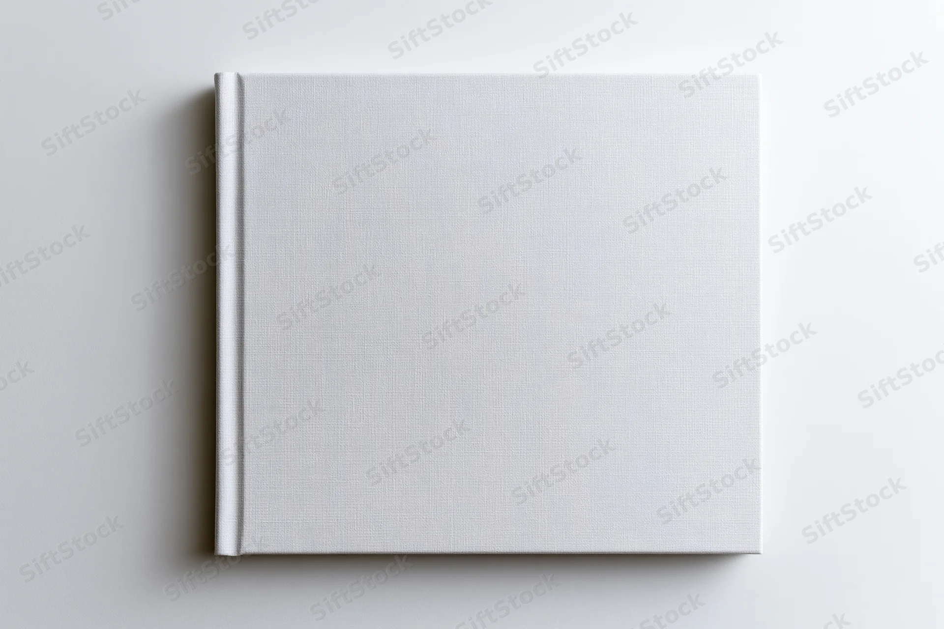Blank square hardcover book lying flat on white surface