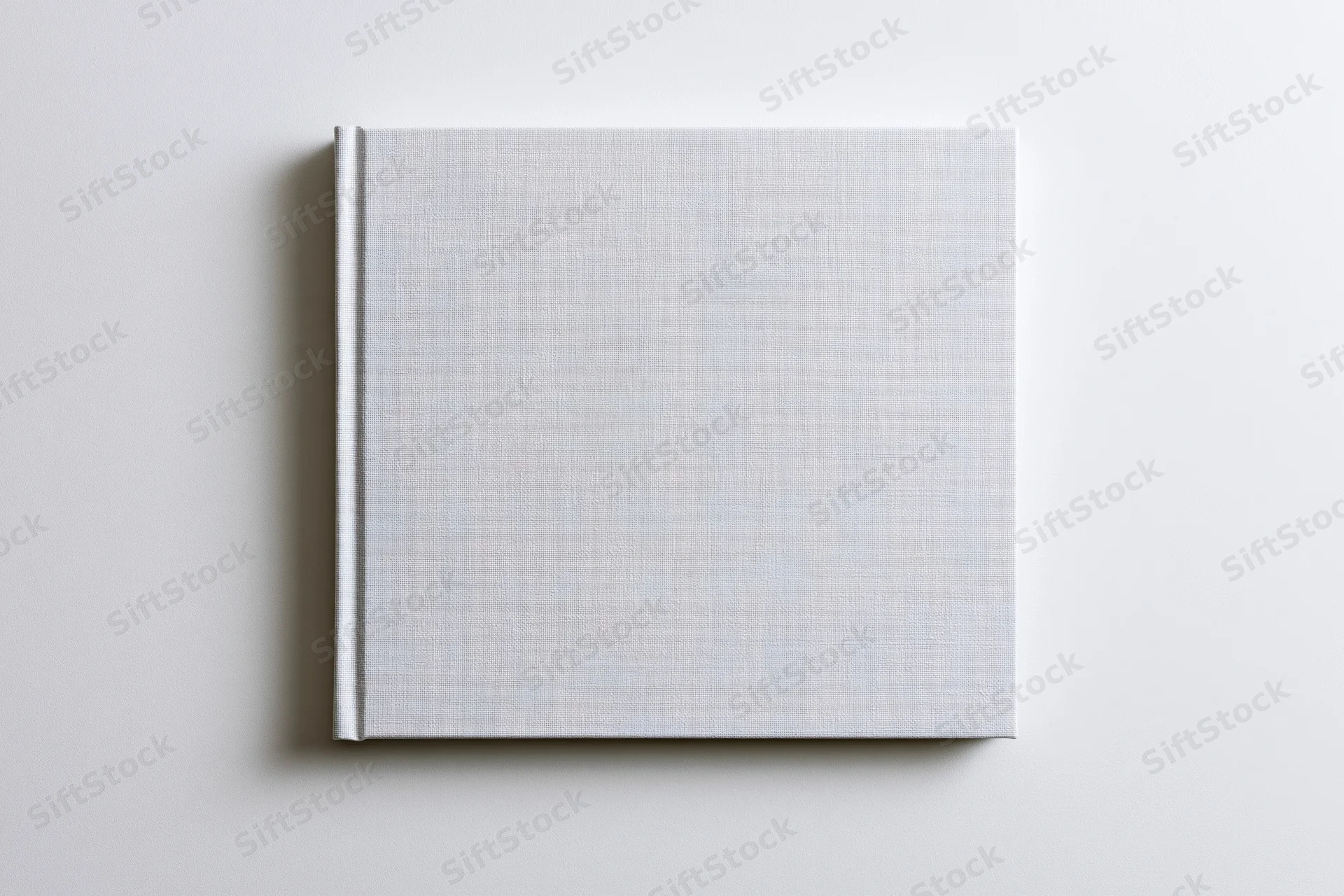 Blank square hardcover book lying flat on white surface