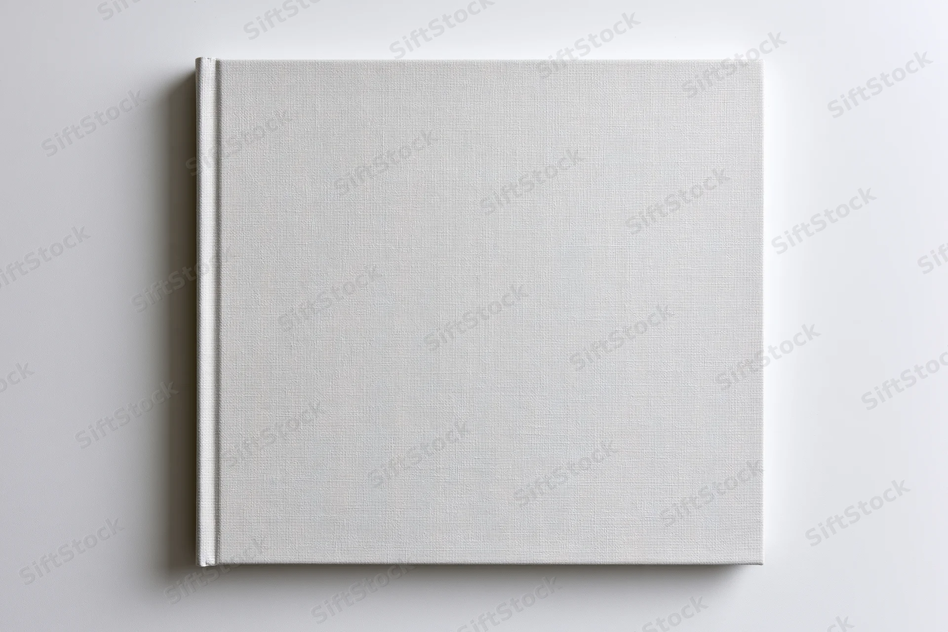 Blank square hardcover book lying flat on white surface