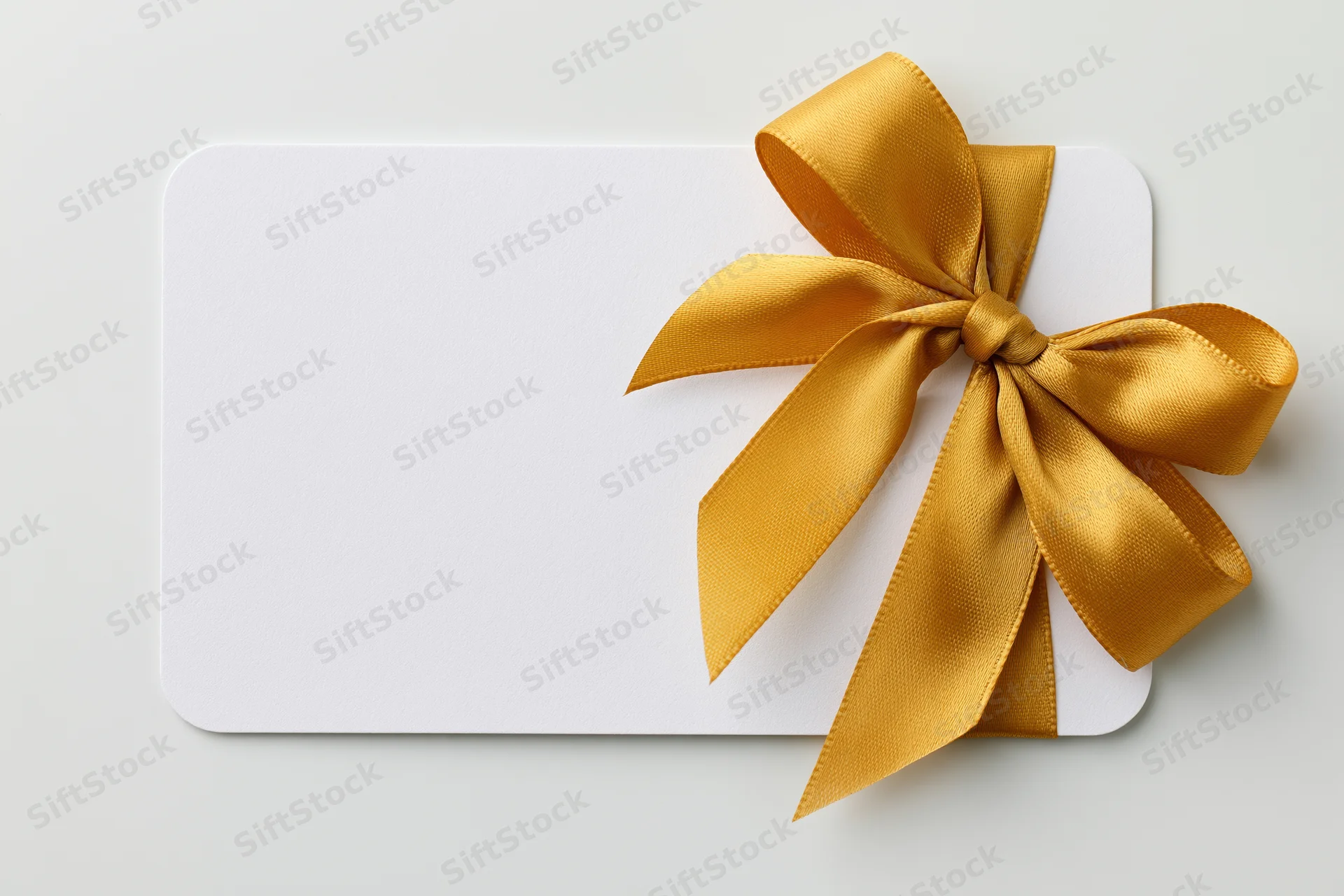 Blank white gift card with gold ribbon bow on light background