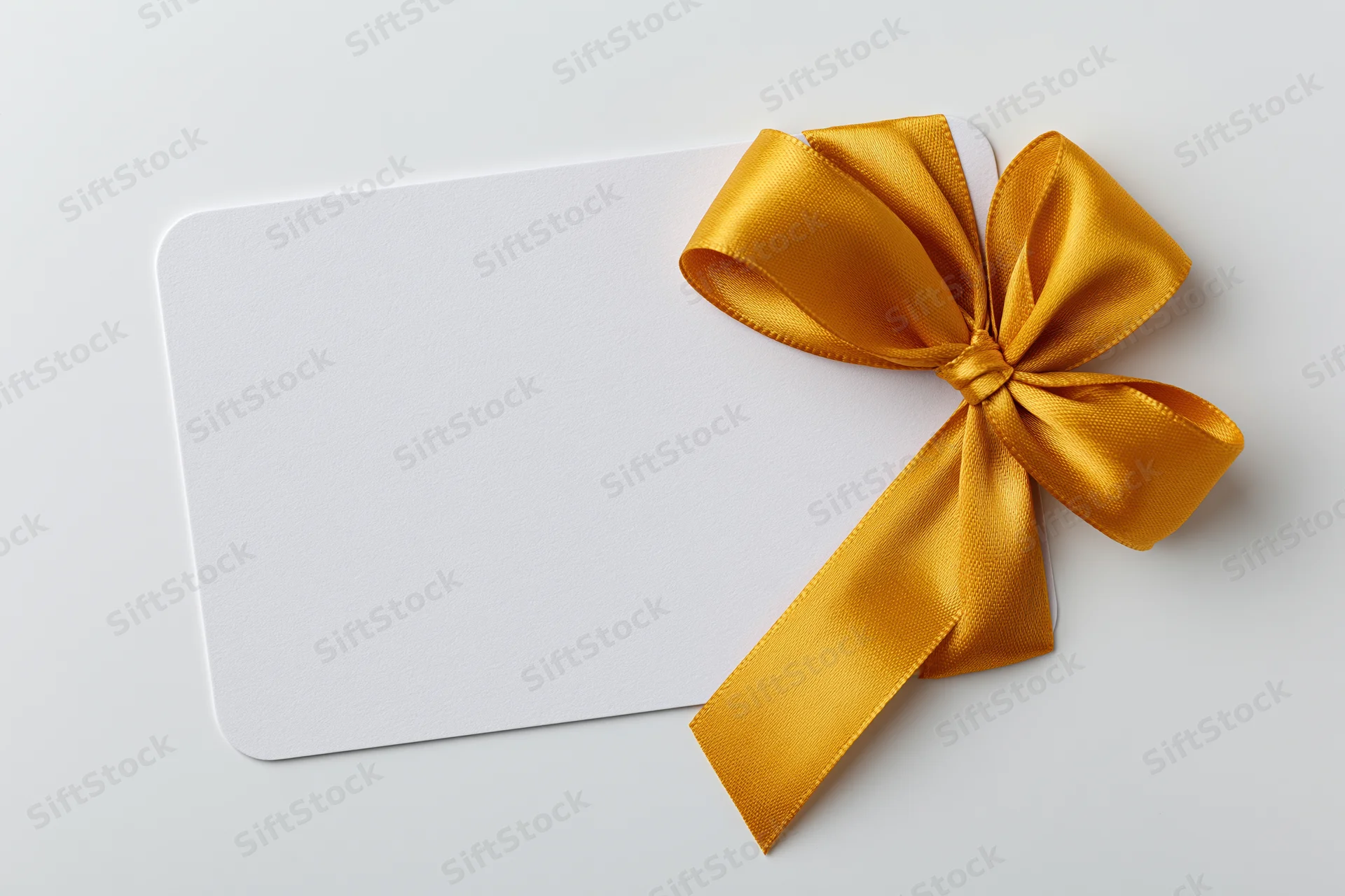 Blank white gift card with gold ribbon bow on plain background