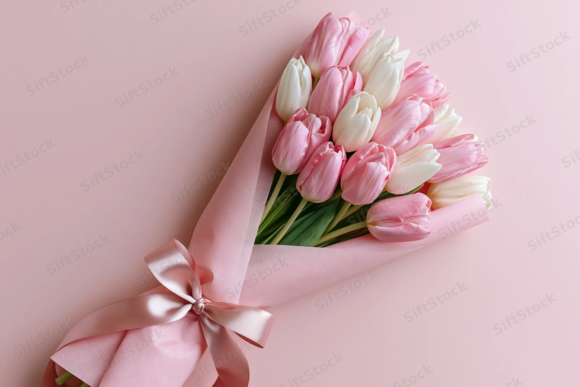 Bouquet of pink and white tulips wrapped in soft pink tissue with ribbon bow on pastel pink background