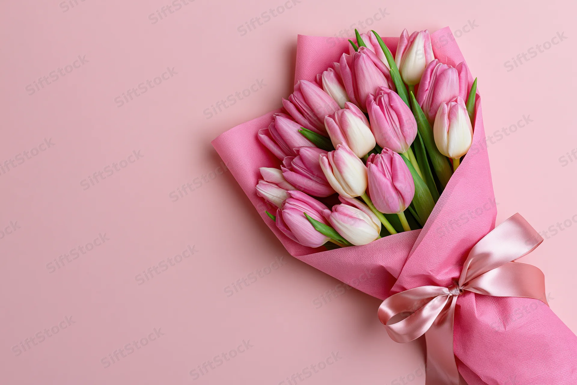 Bouquet of pink and white tulips wrapped in pink tissue with satin ribbon on pink background