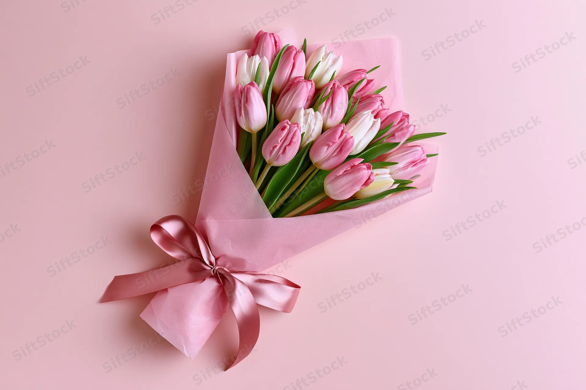 Bouquet of pink and white tulips wrapped in soft pink tissue paper with satin ribbon on pastel pink background