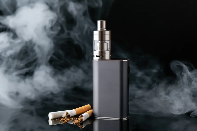 Box mod vape device standing upright next to broken cigarettes on reflective surface with smoke swirling around