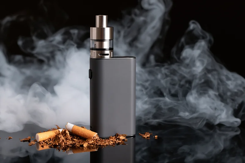 Box mod vape device standing upright next to broken cigarettes on reflective surface with smoke swirling around