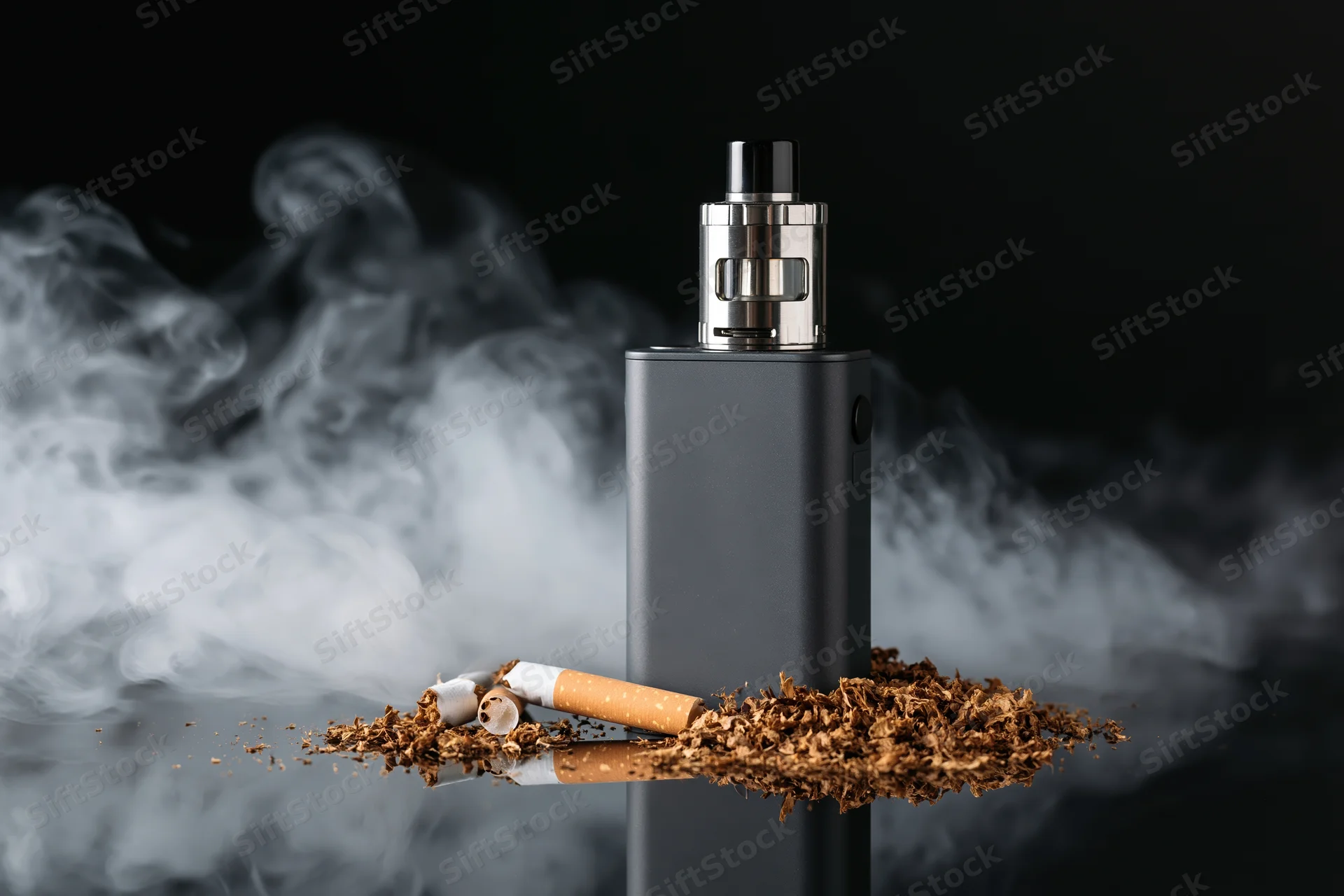 Box mod vape device standing upright next to broken cigarettes and tobacco on dark reflective surface with smoke swirling around
