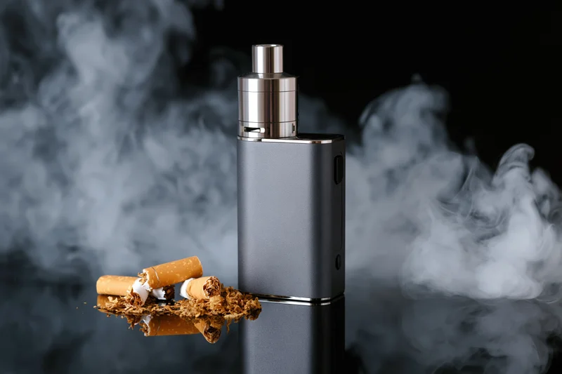 Box mod vape device standing upright next to broken cigarettes on reflective surface with vapor swirling around
