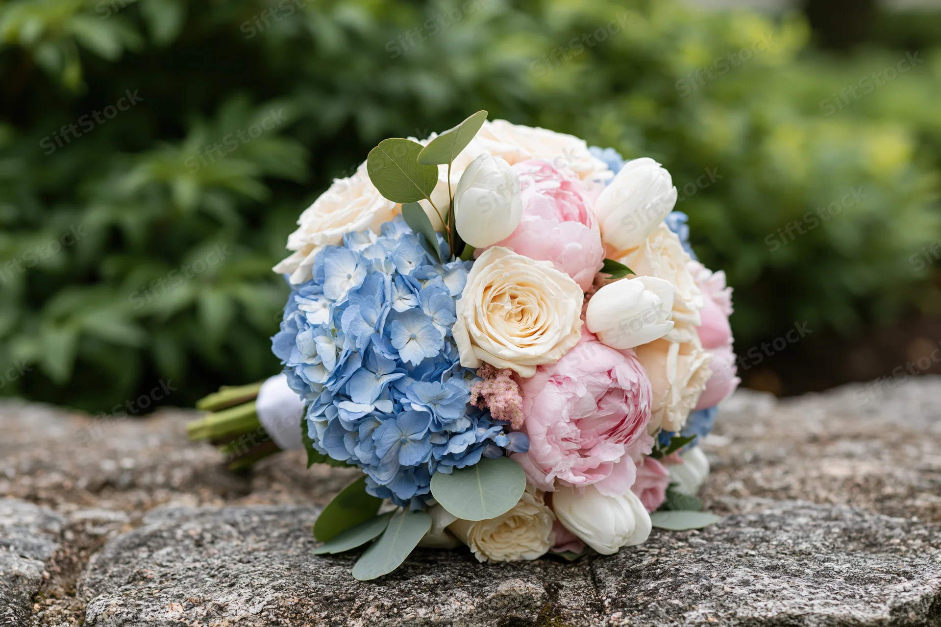 Bridal bouquet with blue hydrangeas, pink peonies, white tulips and roses resting on rough stone surface in garden