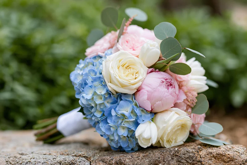 Bridal bouquet with blue hydrangeas, pink peonies, white roses and eucalyptus resting on a rough stone surface in a garden