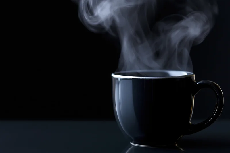 Black ceramic coffee mug with rising steam on dark surface