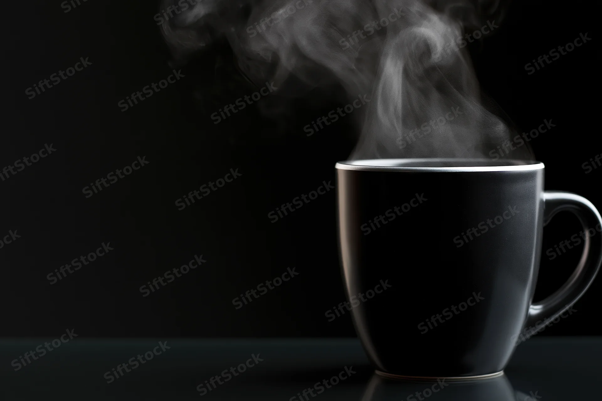 Black ceramic coffee mug with rising steam on dark surface