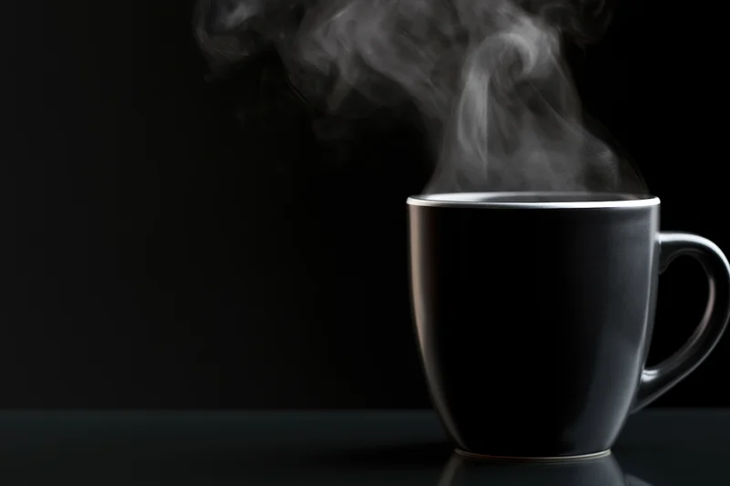 Black ceramic coffee mug with rising steam on dark surface