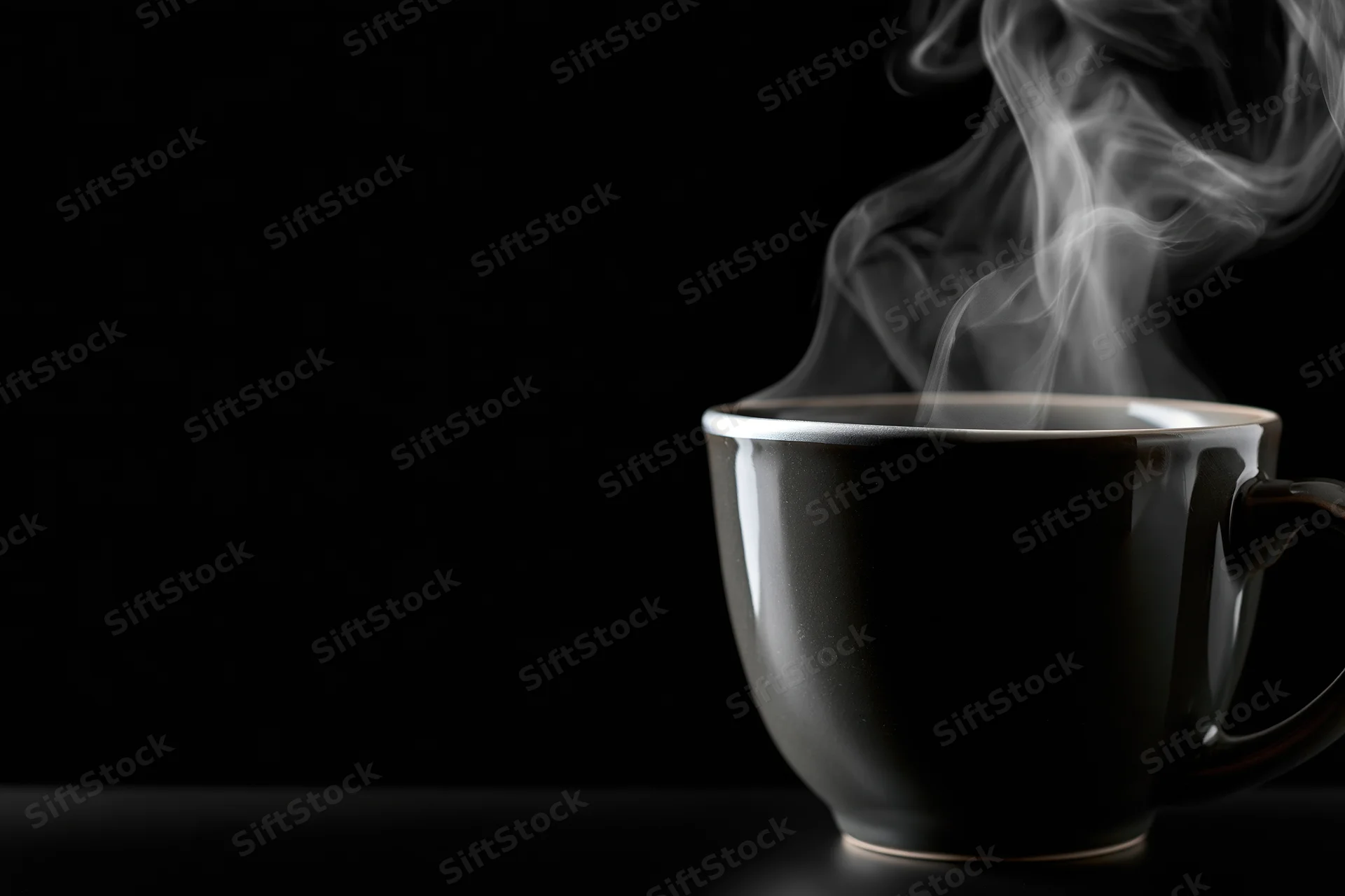 Black ceramic coffee mug with rising steam on dark surface