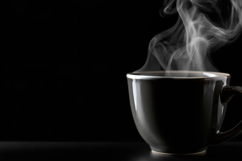 Black ceramic coffee mug with rising steam on dark surface