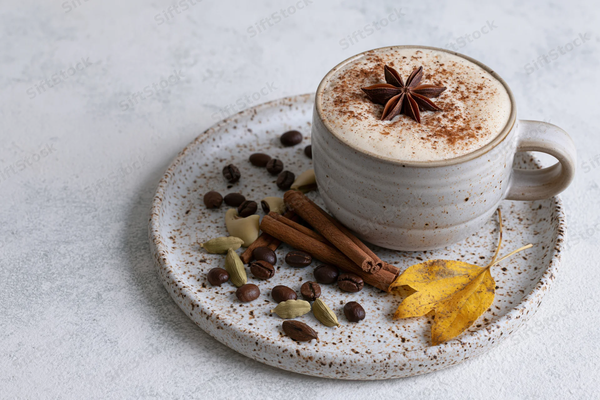 Ceramic mug of frothy spiced latte with cinnamon and star anise on speckled saucer surrounded by coffee beans and autumn leaf