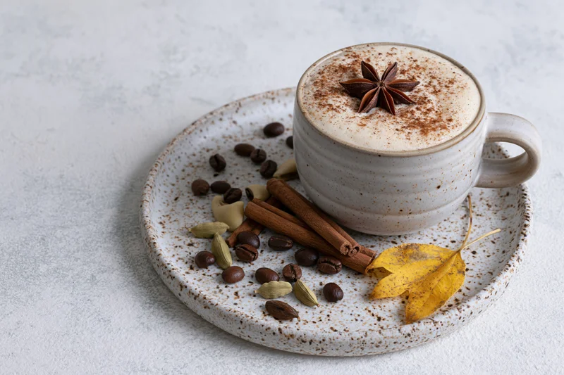 Ceramic mug of frothy spiced latte with cinnamon and star anise on speckled saucer surrounded by coffee beans and autumn leaf