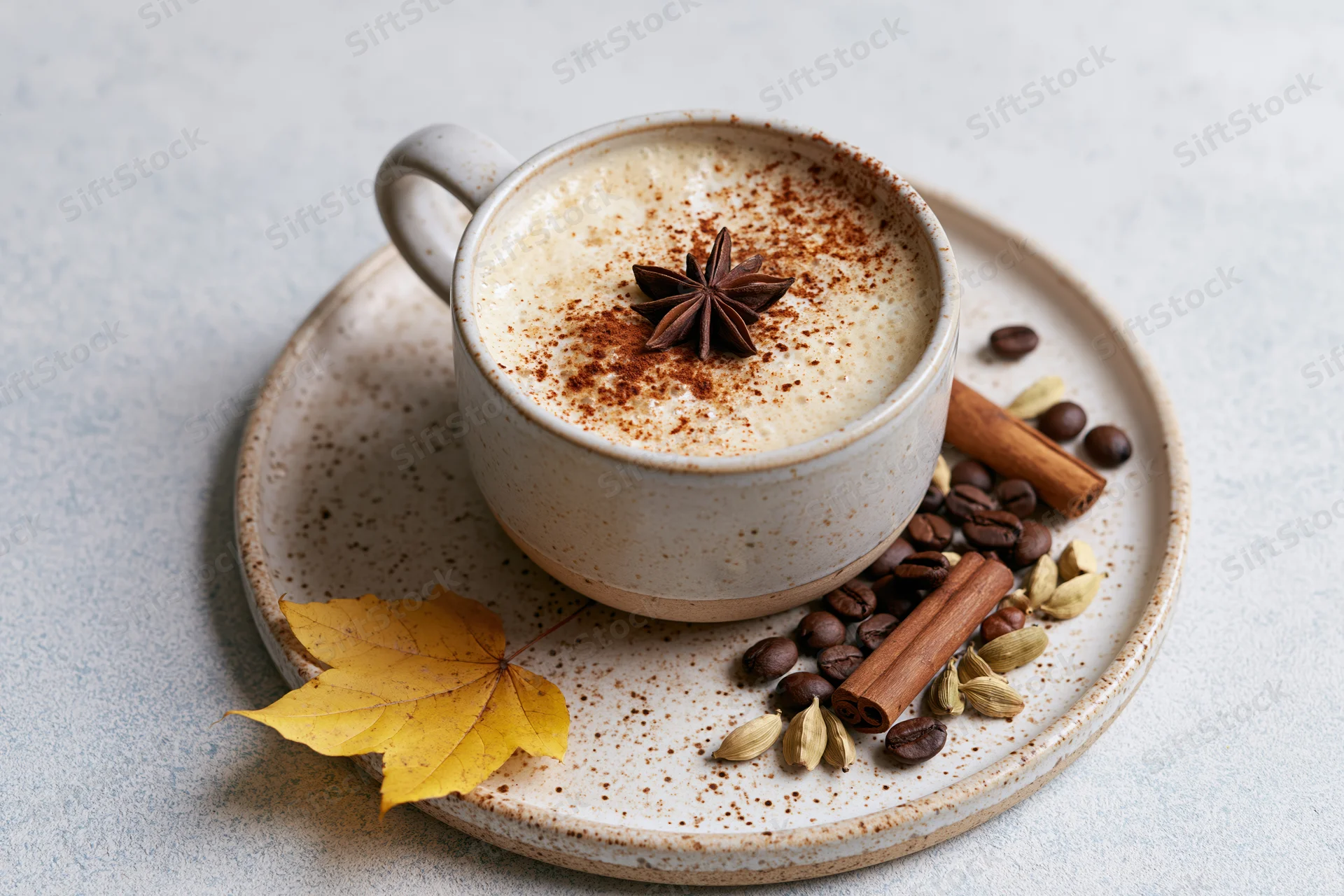Ceramic mug of frothy spiced latte with cinnamon and star anise on a speckled saucer surrounded by coffee beans and autumn leaves