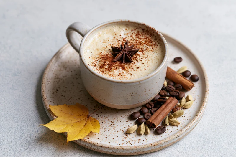 Ceramic mug of frothy spiced latte with cinnamon and star anise on a speckled saucer surrounded by coffee beans and autumn leaves