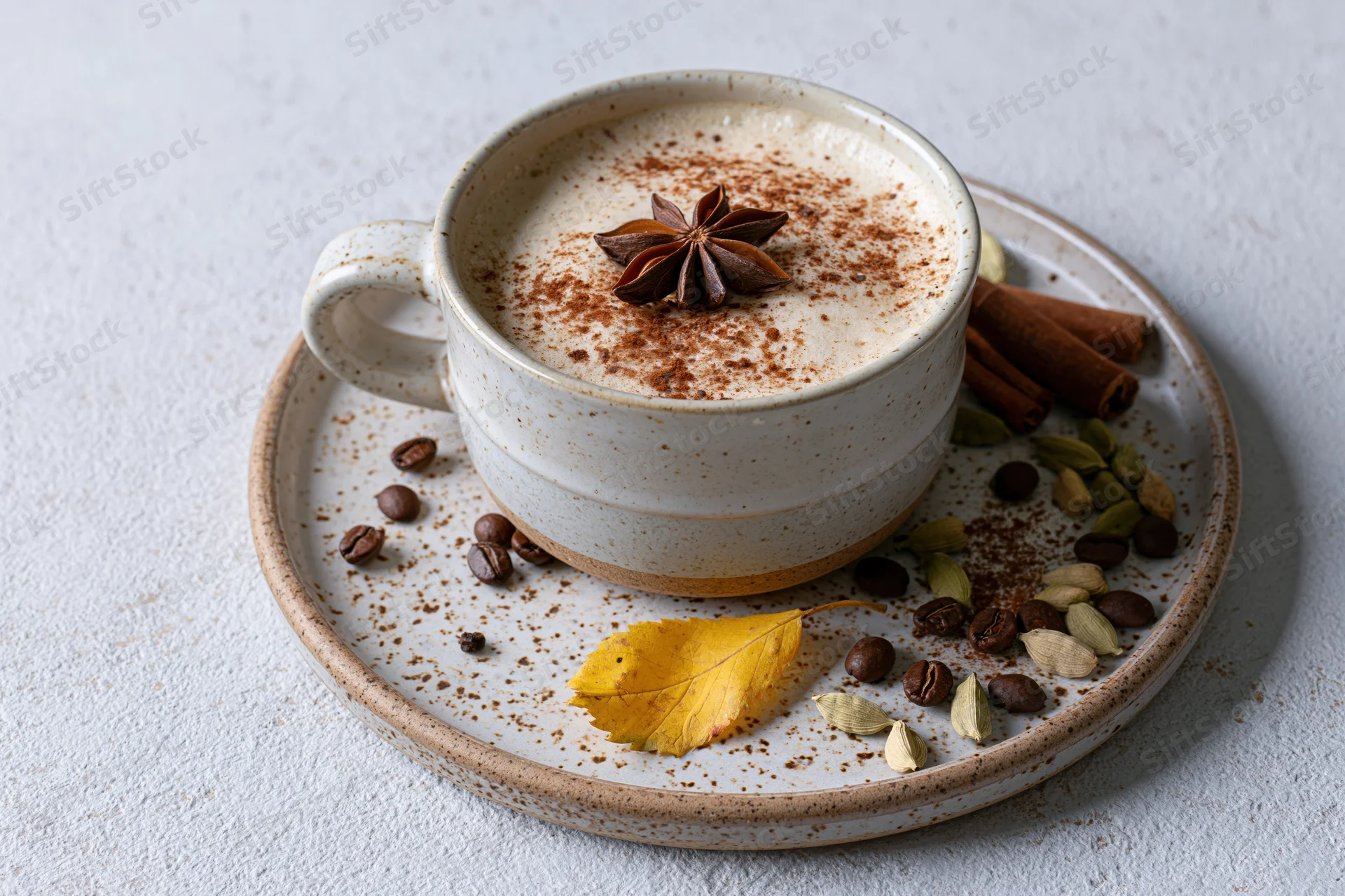 Ceramic mug of frothy spiced latte with cinnamon and star anise on a saucer surrounded by coffee beans and autumn leaves