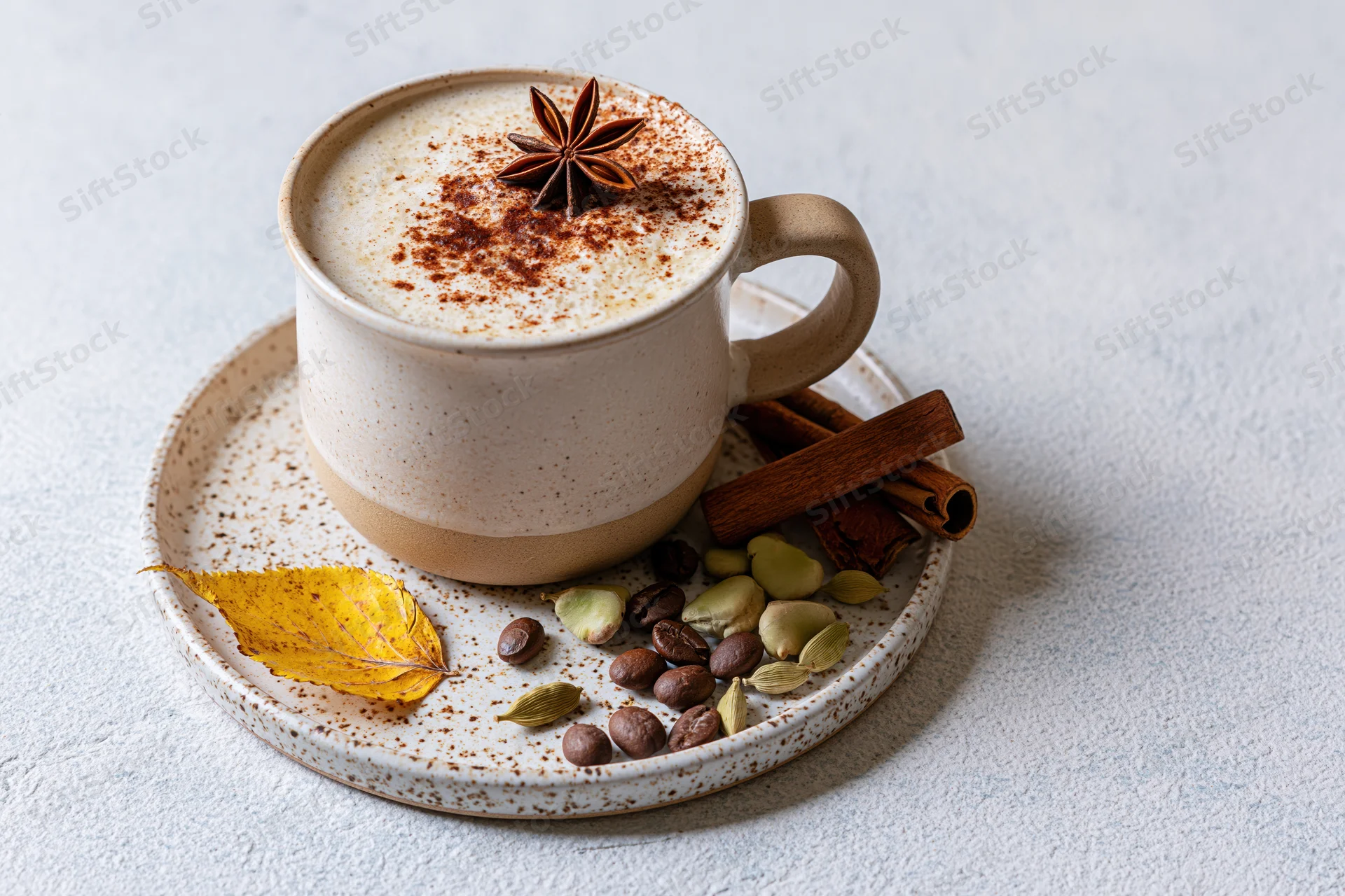Ceramic mug of frothy spiced latte with cinnamon and star anise on speckled saucer surrounded by autumn leaves and spices