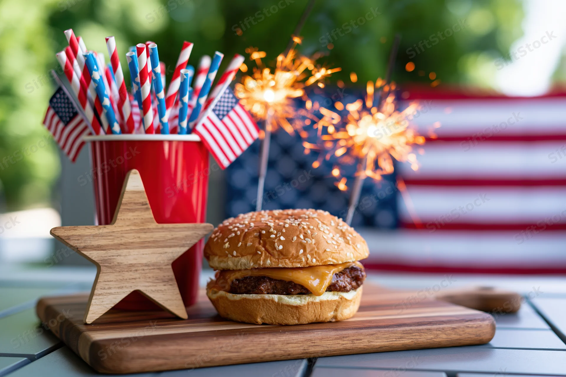 Cheeseburger on wooden cutting board beside star-shaped decoration and sparklers with american flag in background