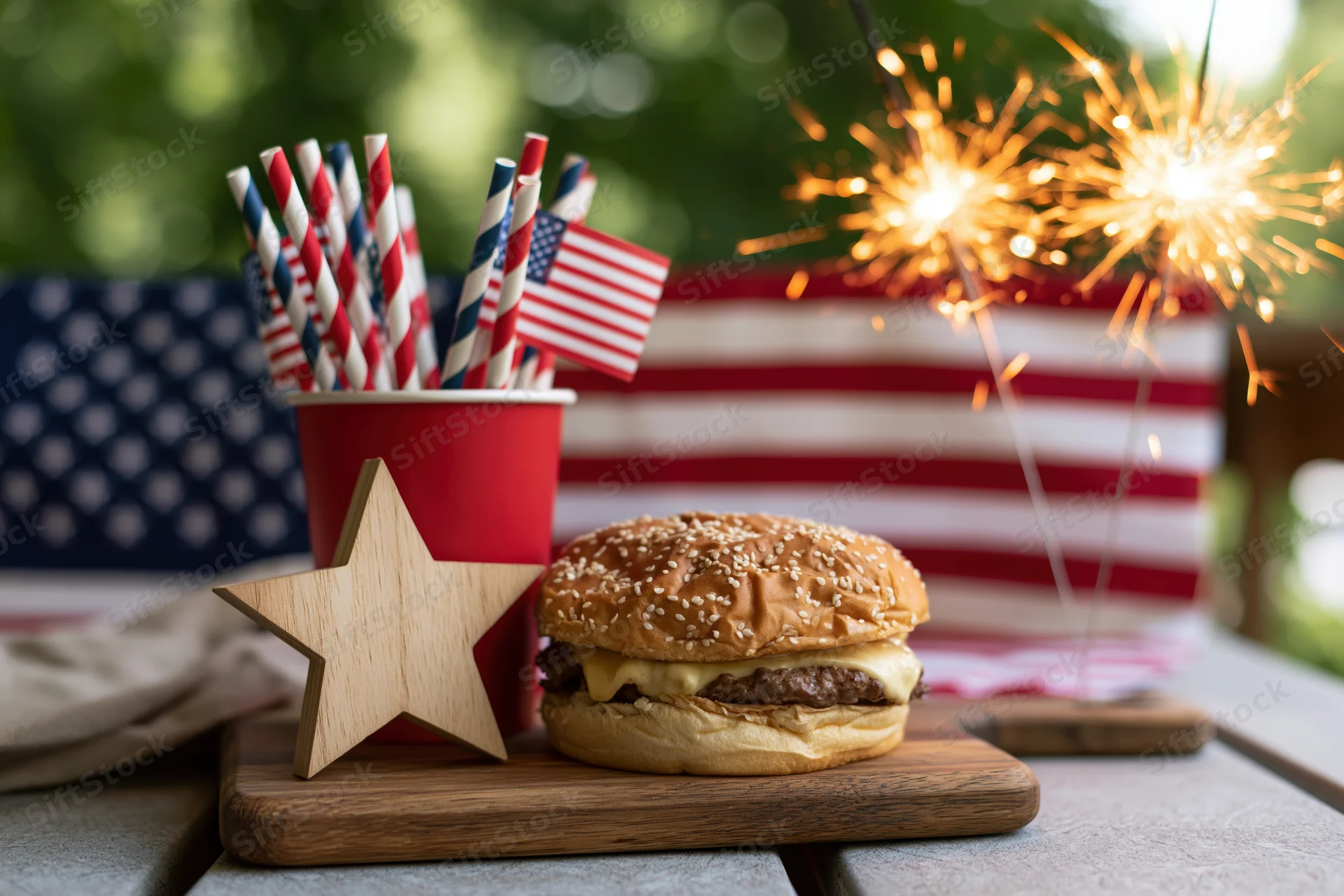 Cheeseburger on wooden board beside star-shaped wooden decoration with sparklers and american flag in background
