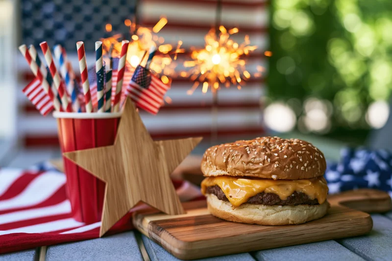 Cheeseburger on wooden cutting board beside star-shaped decoration and sparkler at outdoor patriotic celebration