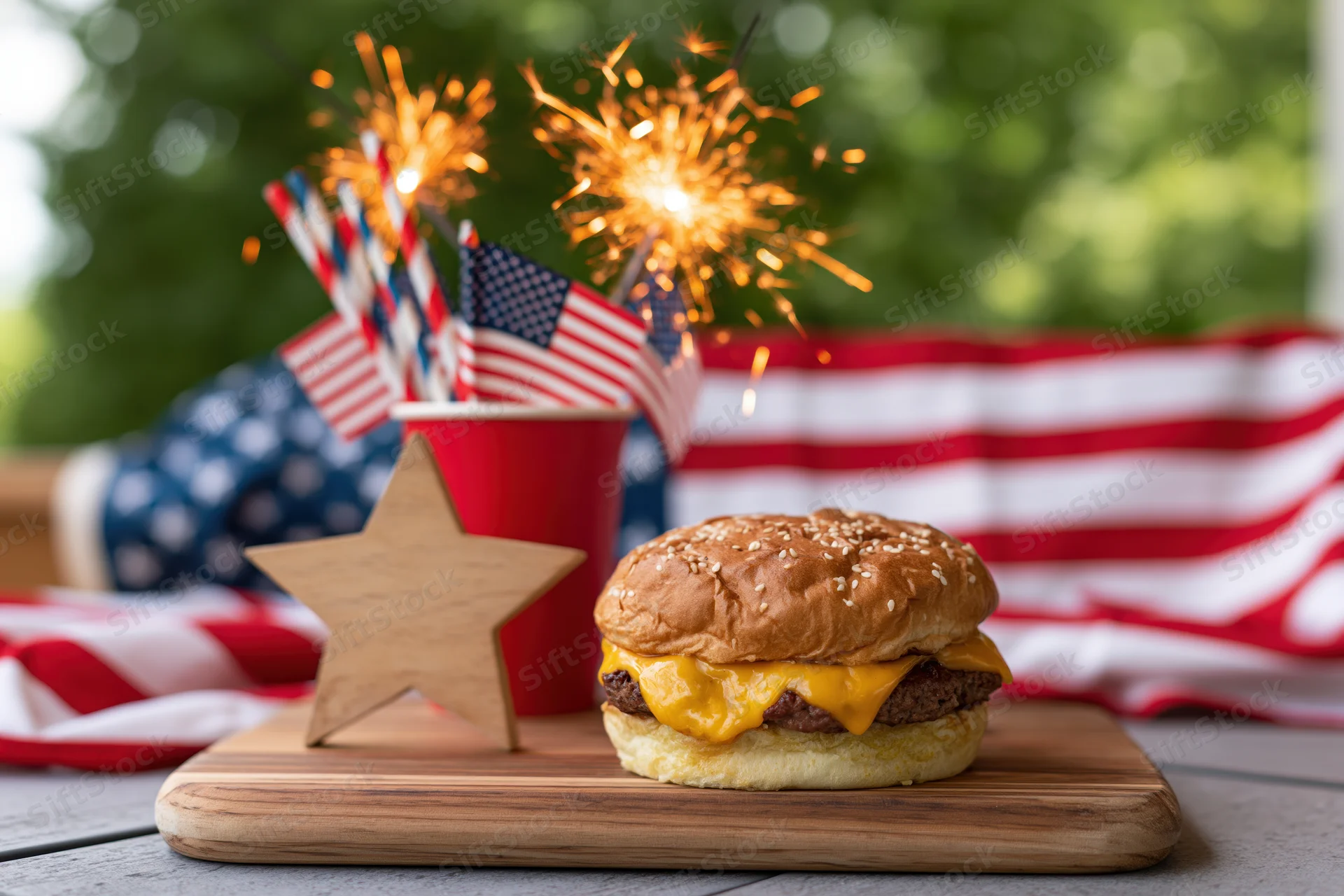 Cheeseburger on wooden board beside star decoration and sparklers with american flag in background