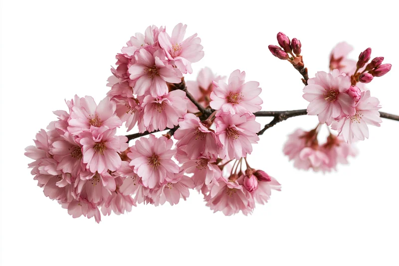 Cherry blossom branch with clusters of open pink flowers and buds isolated on white background