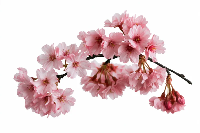 Cherry blossom branch with clusters of open pink flowers isolated on white background